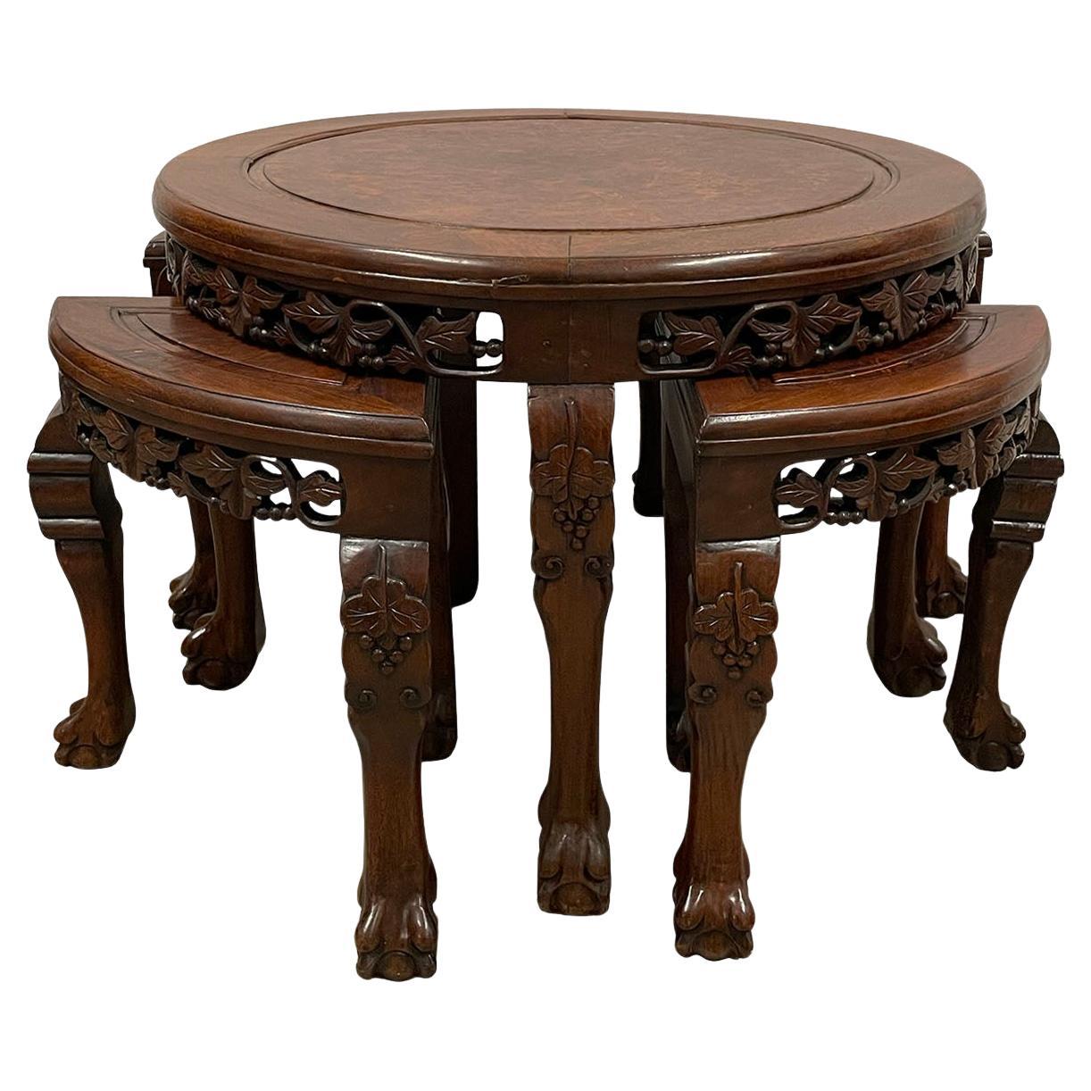 Antique Chinese Rosewood with Burl Wood Top Coffee Table and 4 Nesting stools For Sale