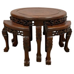 Mesa de centro antigua china de palisandro con tablero de madera de nudo y 4 taburetes nido