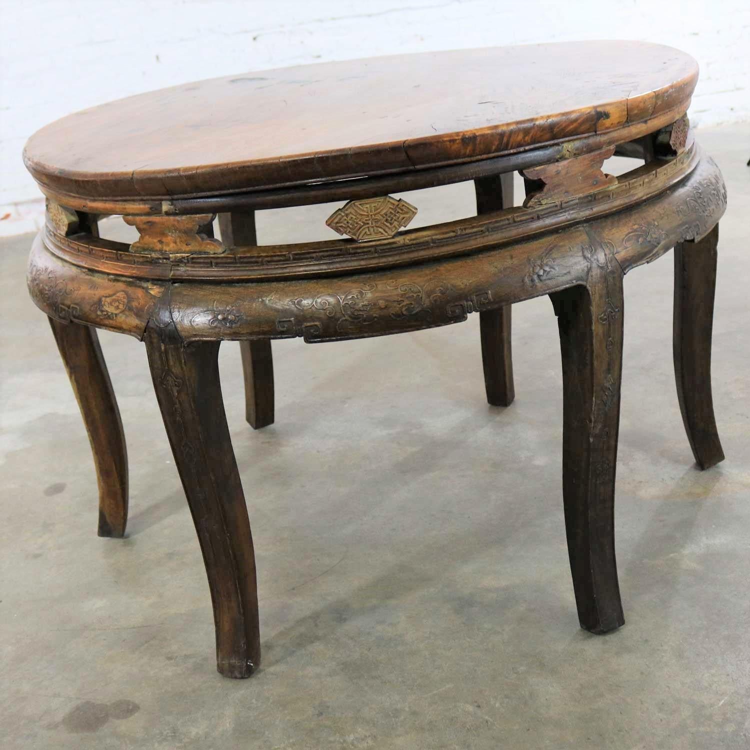 Antique Chinese Round Center Table Hand Carved Elm 2