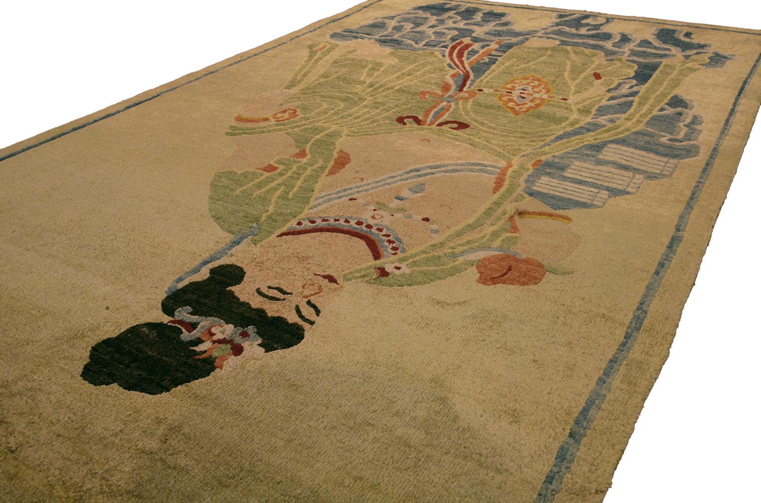 This is an extremely rare pictorial Peking rug woven in China during the end of the 19th century circa 1890 in measures 205 x120 CM in size. This pictorial rug is extremely unique and depicts a member of the royal family sitting and gazing at a