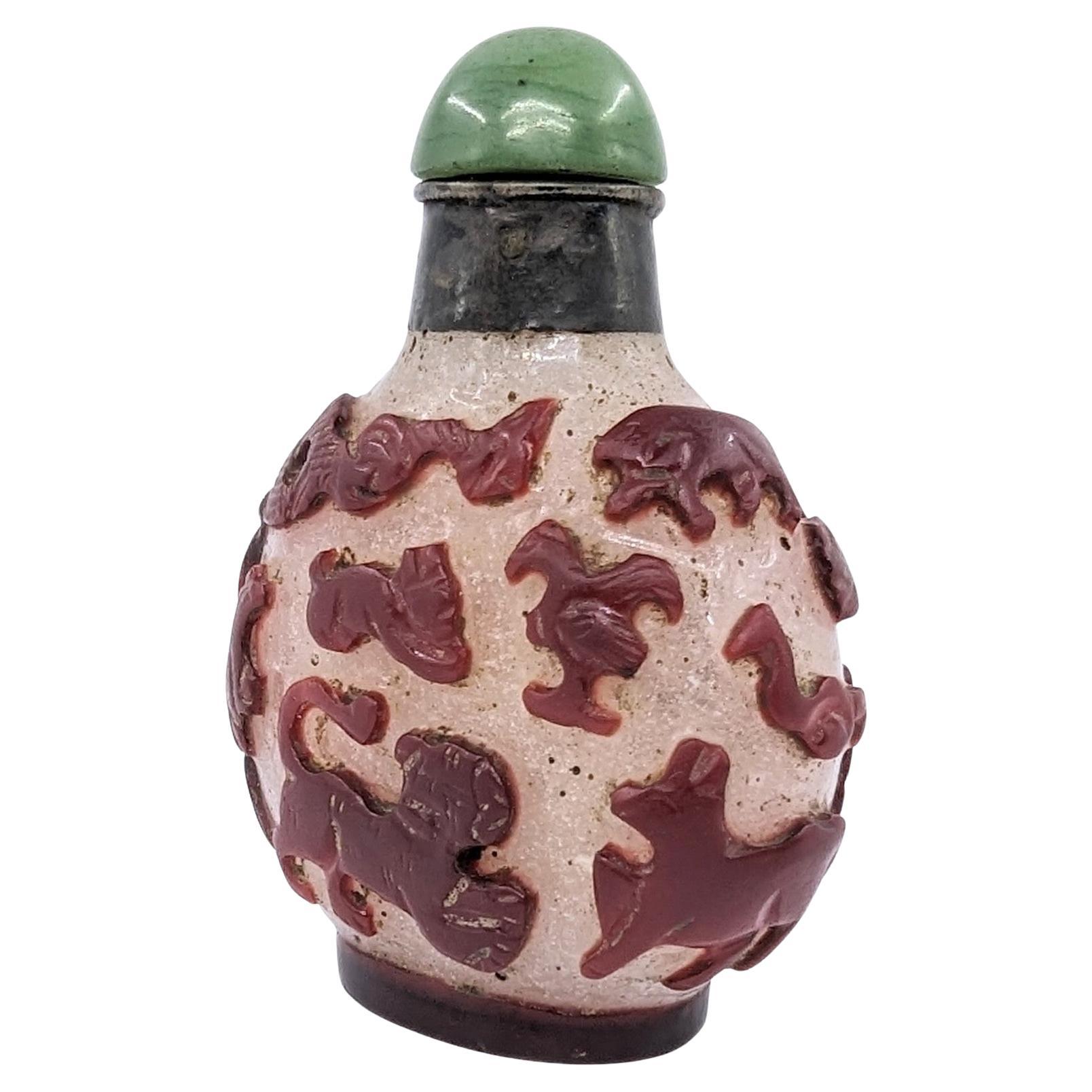 Antique Chinese Ruby Red Carved Glass Overlay Snuff Bottle 12 Zodiacs 19c Qing In Good Condition For Sale In Richmond, CA
