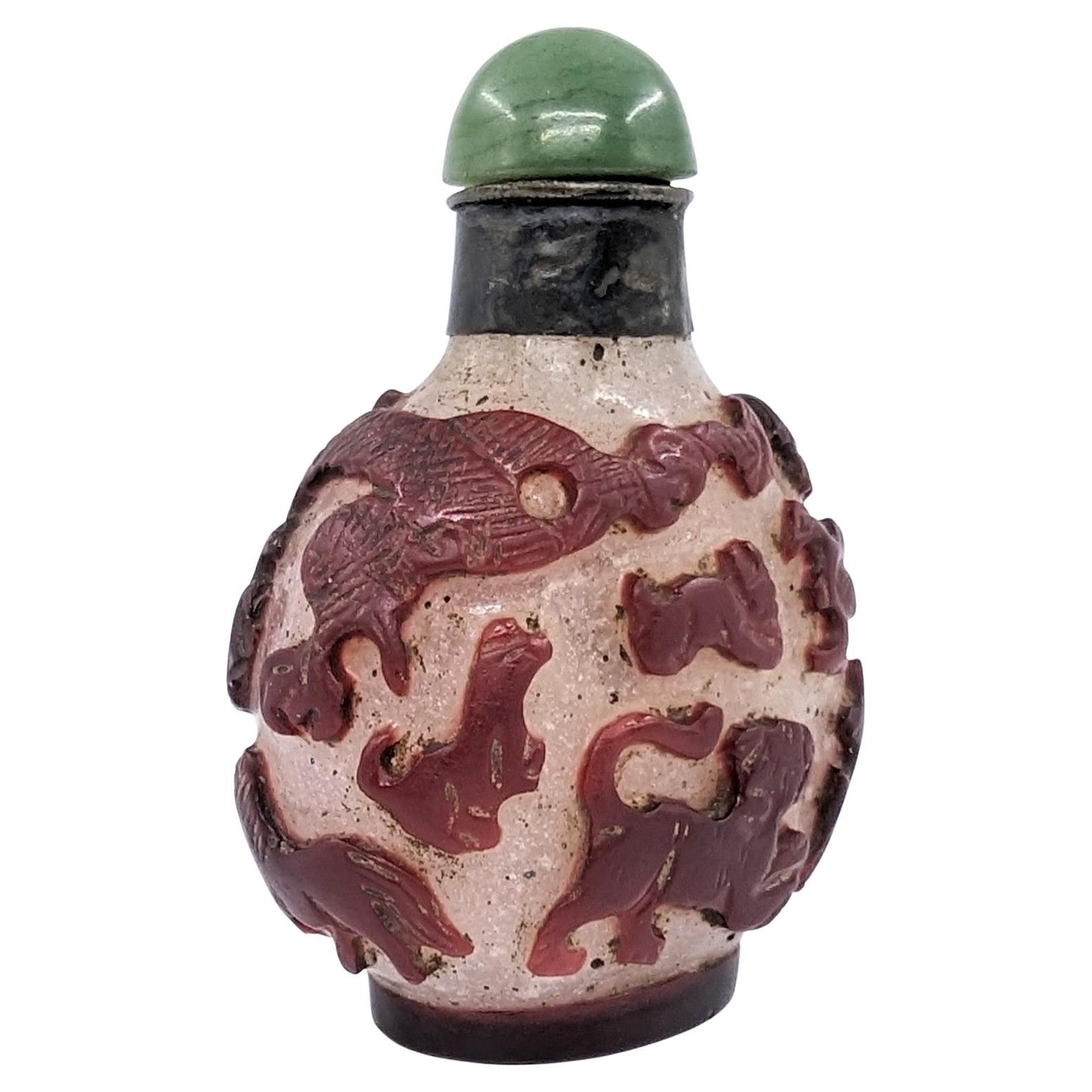 Women's or Men's Antique Chinese Ruby Red Carved Glass Overlay Snuff Bottle 12 Zodiacs 19c Qing For Sale