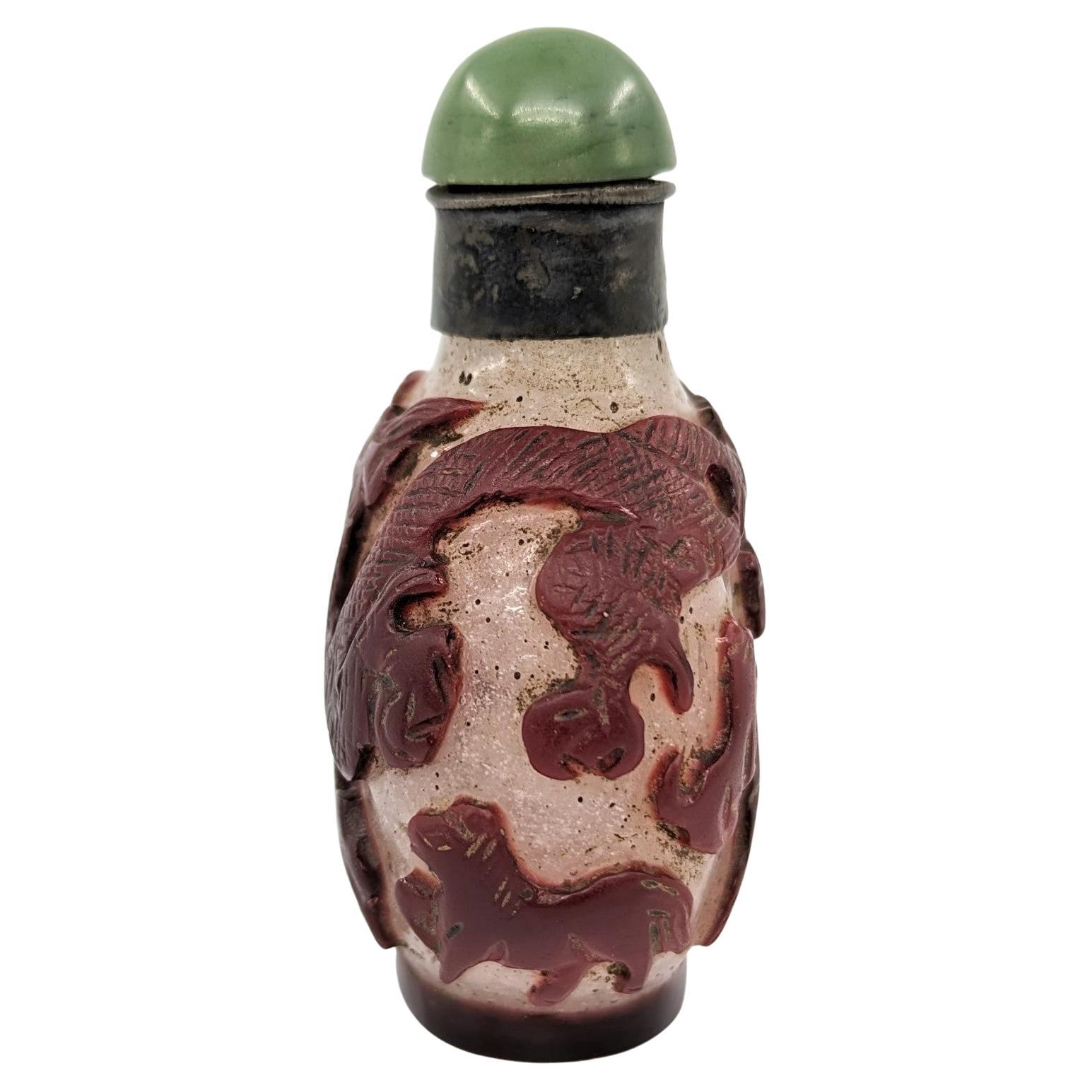 Antique Chinese Ruby Red Carved Glass Overlay Snuff Bottle 12 Zodiacs 19c Qing For Sale 1