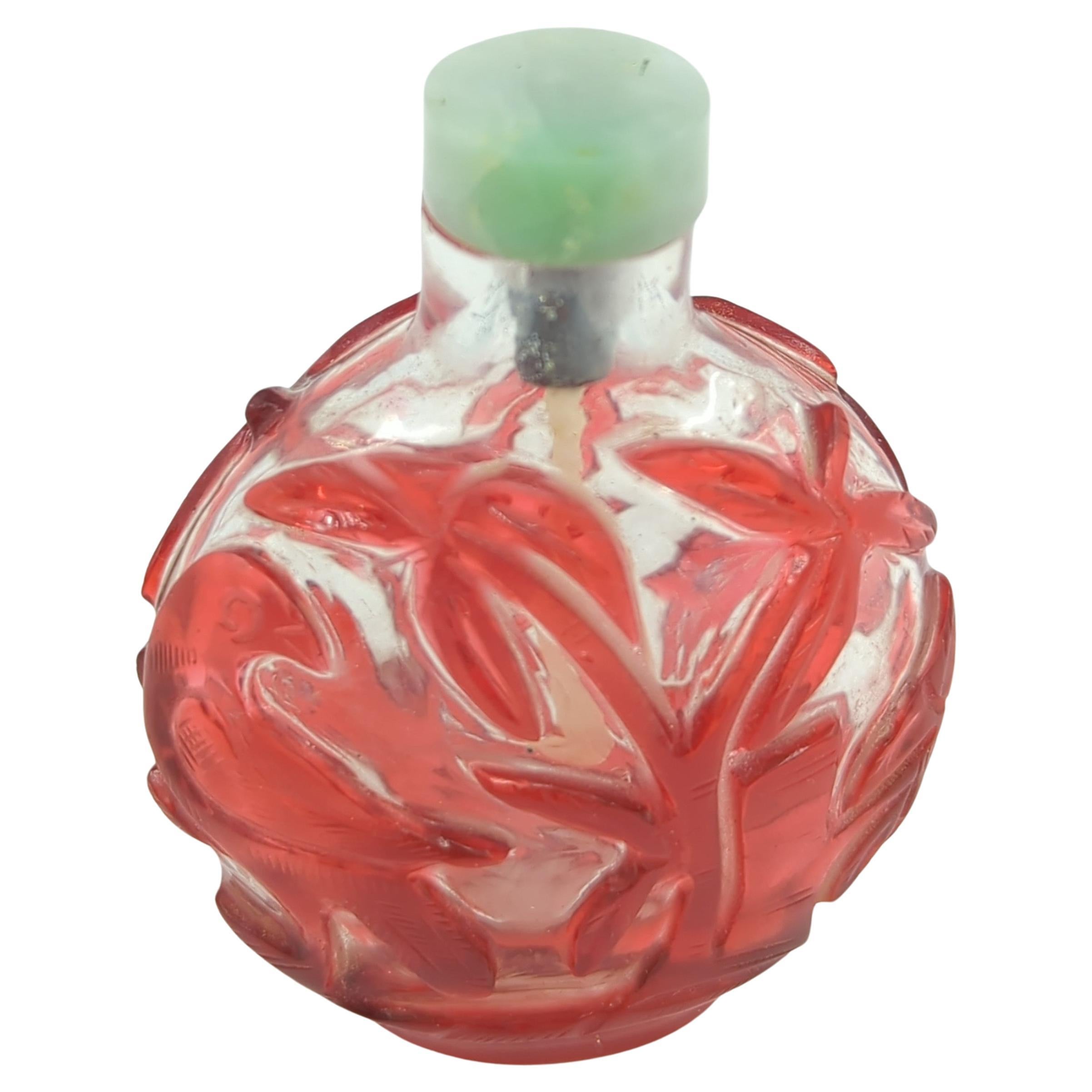Antique Chinese Ruby Red Glass Overlay Snuff Bottle Bird Jadeite Top c.1900 For Sale 5