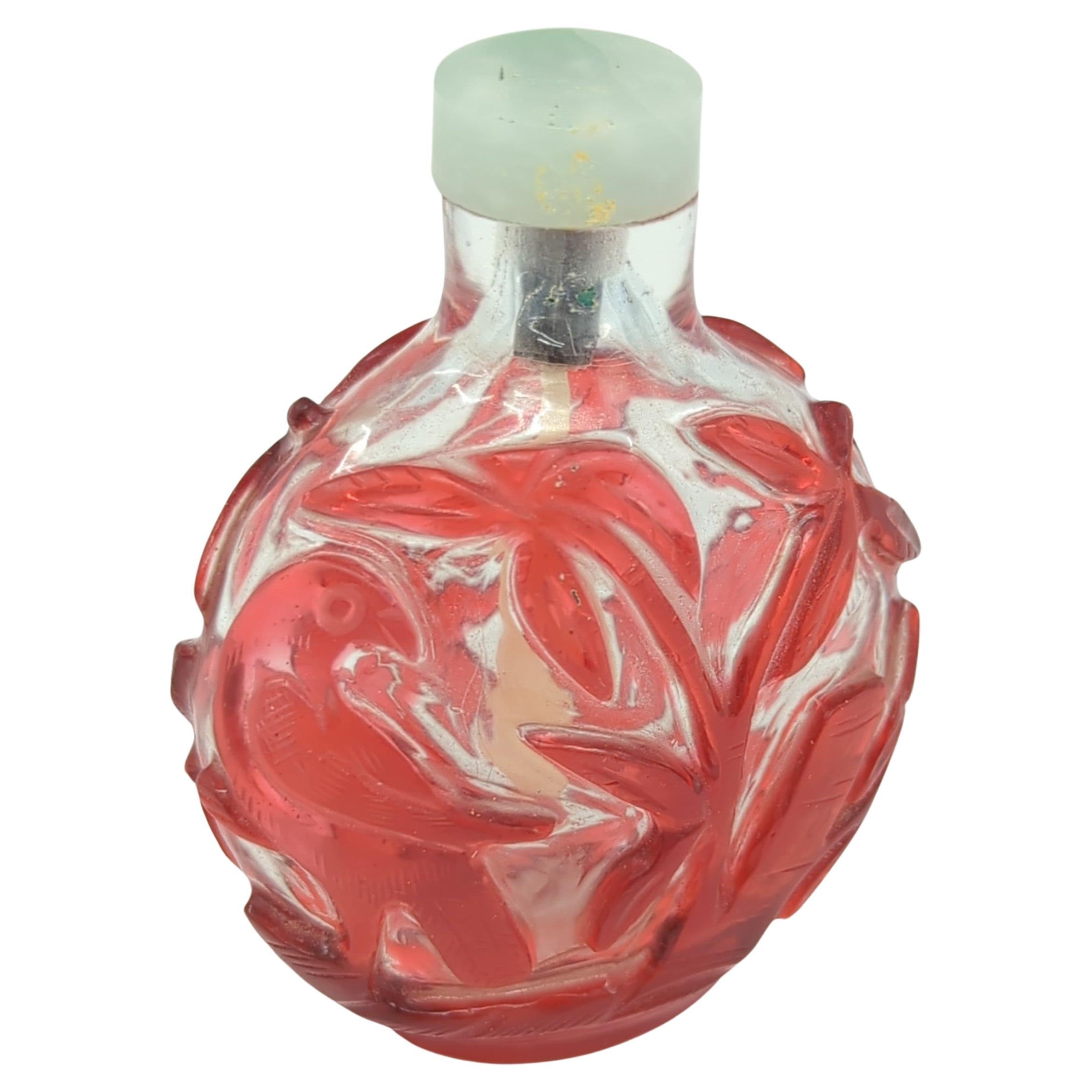 Antique Chinese Ruby Red Glass Overlay Snuff Bottle Bird Jadeite Top c.1900 For Sale 6