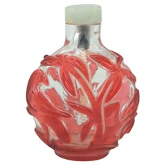 Antique Chinese Ruby Red Glass Overlay Snuff Bottle Bird Jadeite Top c.1900