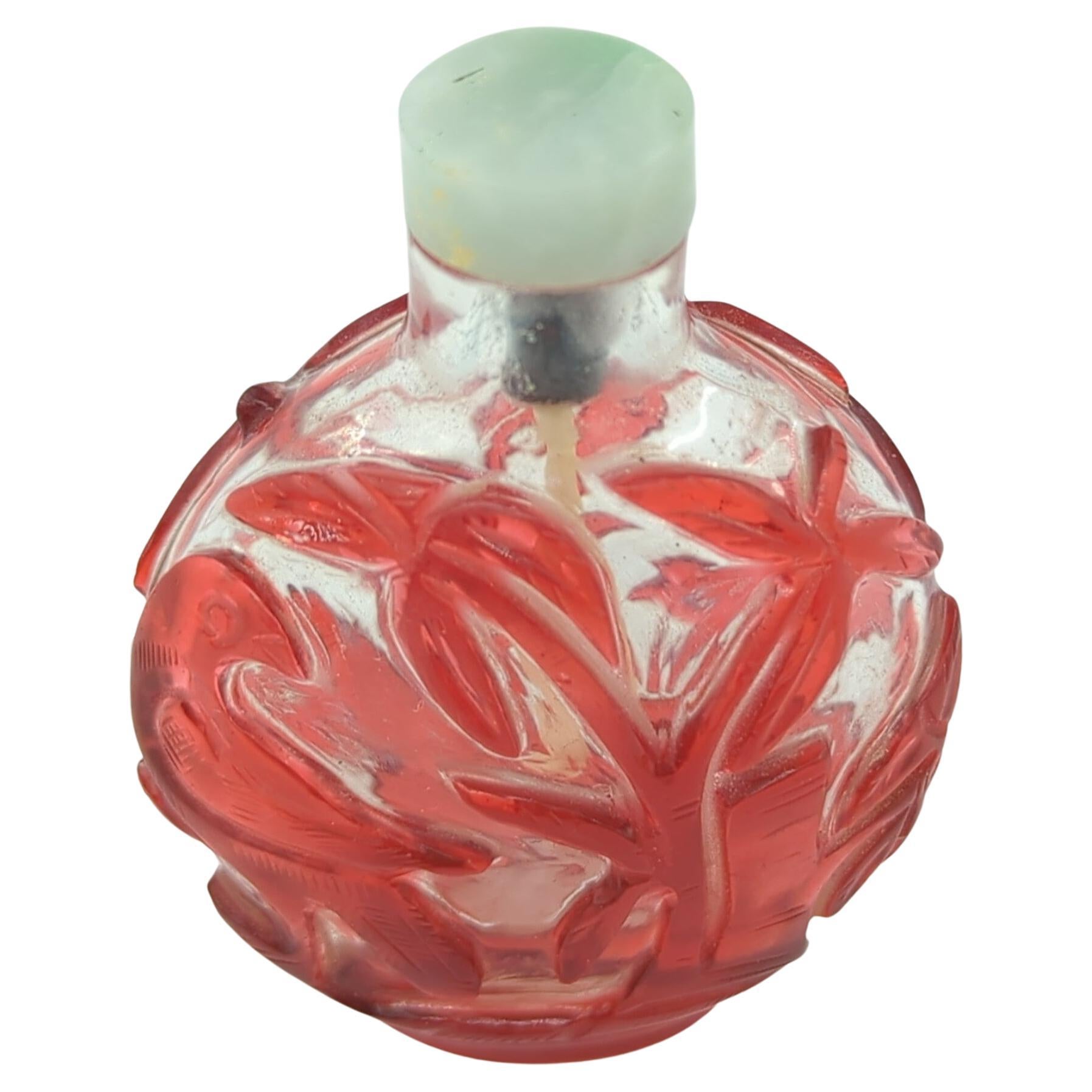 Qing Antique Chinese Ruby Red Glass Overlay Snuff Bottle Bird Jadeite Top c.1900 For Sale
