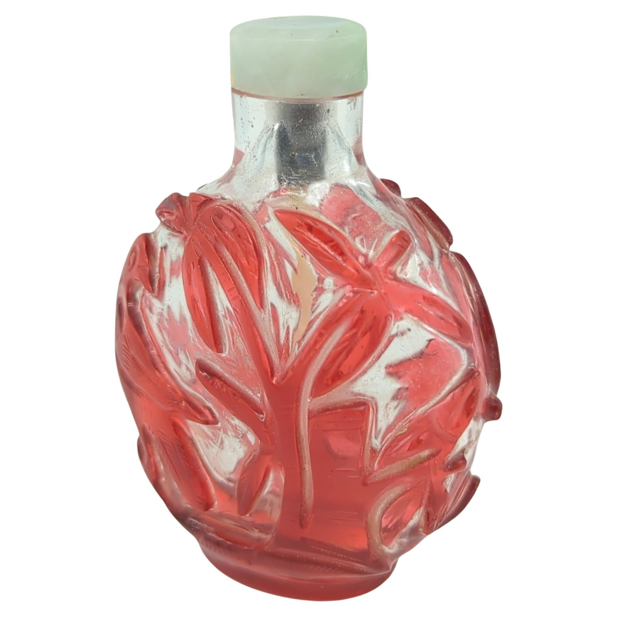 20th Century Antique Chinese Ruby Red Glass Overlay Snuff Bottle Bird Jadeite Top c.1900 For Sale