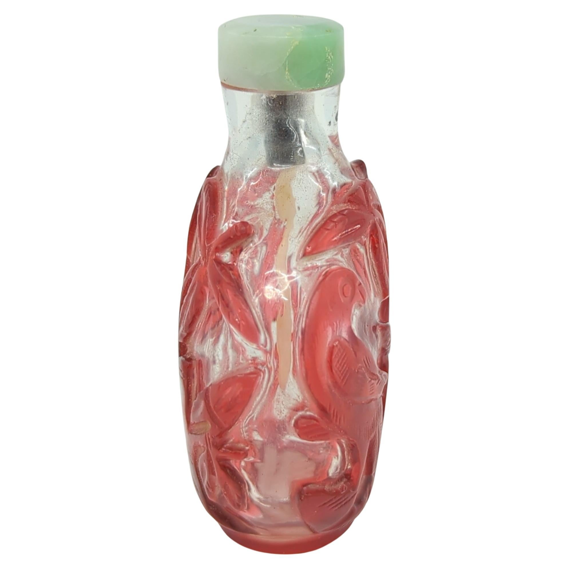 Antique Chinese Ruby Red Glass Overlay Snuff Bottle Bird Jadeite Top c.1900 For Sale 1