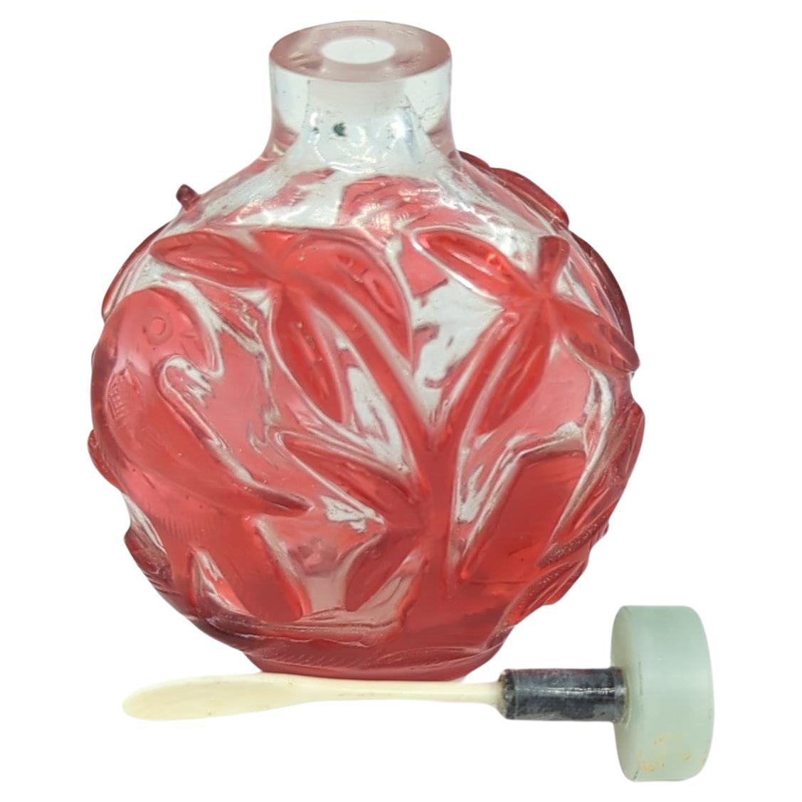 Antique Chinese Ruby Red Glass Overlay Snuff Bottle Bird Jadeite Top c.1900 For Sale 3