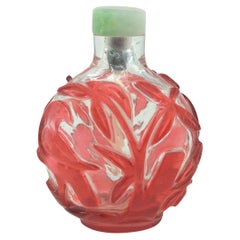 Antique Chinese Ruby Red Glass Overlay Snuff Bottle Bird Jadeite Top c.1900