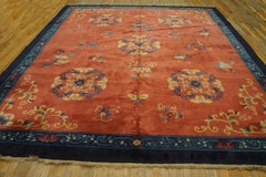 1920s Warm Coral Field Medallion Art Deco Style Antique Chinese Peking Rug
