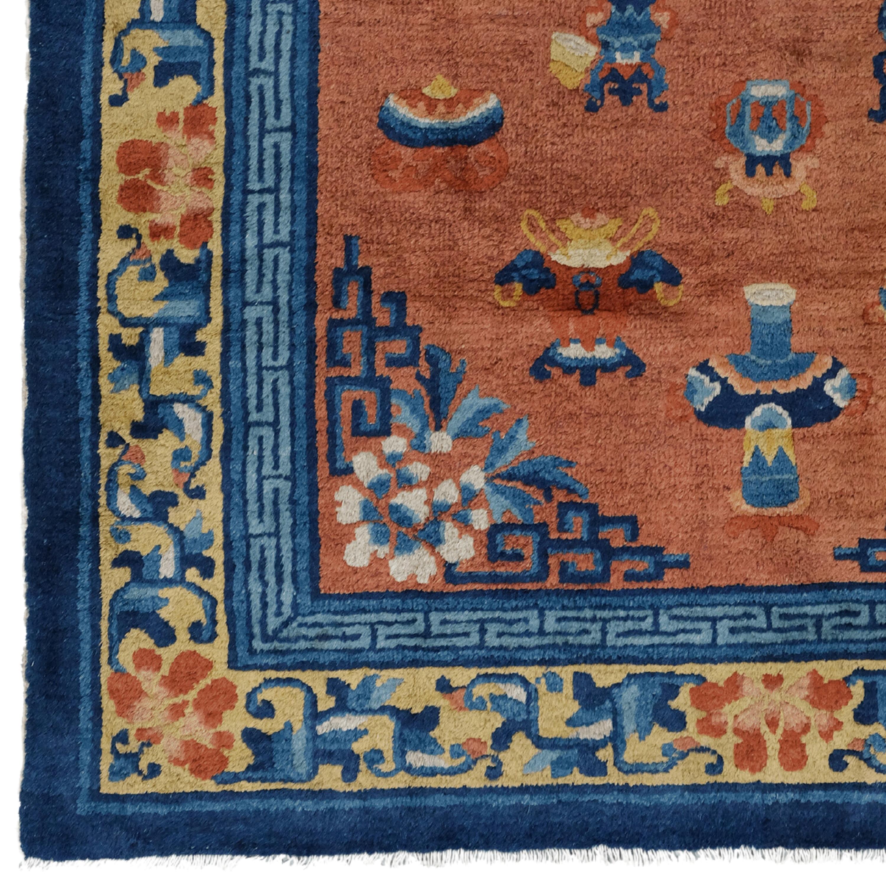 We offer a gorgeous 19th century antique china rug that will make you feel like you've stepped back in time. Each stitch tells a story of meticulous craftsmanship and long history. With its intricate patterns and vibrant colors, this masterpiece is