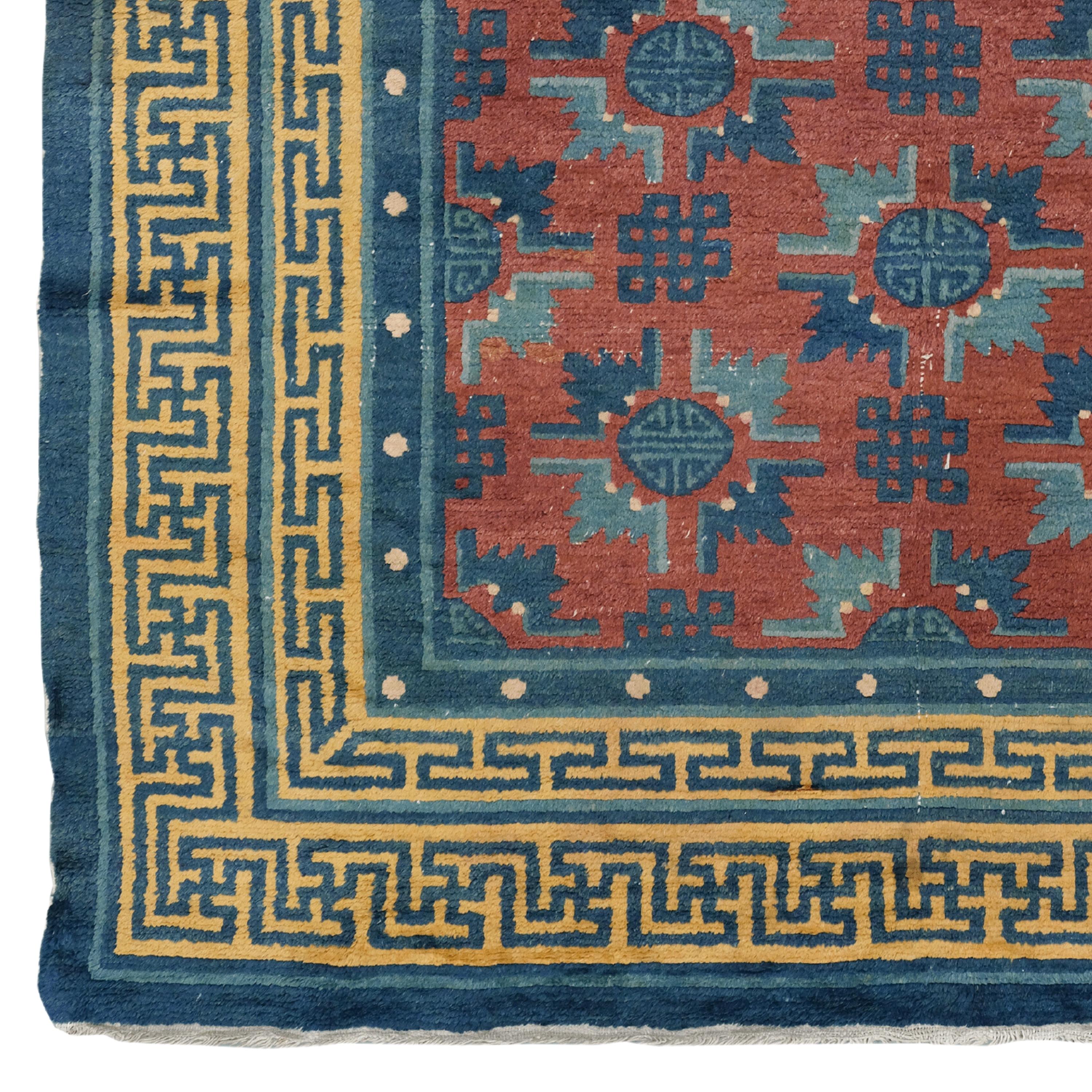 Antique Chinese Rug  Central Asia Rug
19th Century Chinese Rug
Size: 132x180 cm

This carpet is a work of art woven in China in the late 19th or early 20th century. The dimensions of the carpet are 1.32 x 1.80 meters and it is made of a mixture of