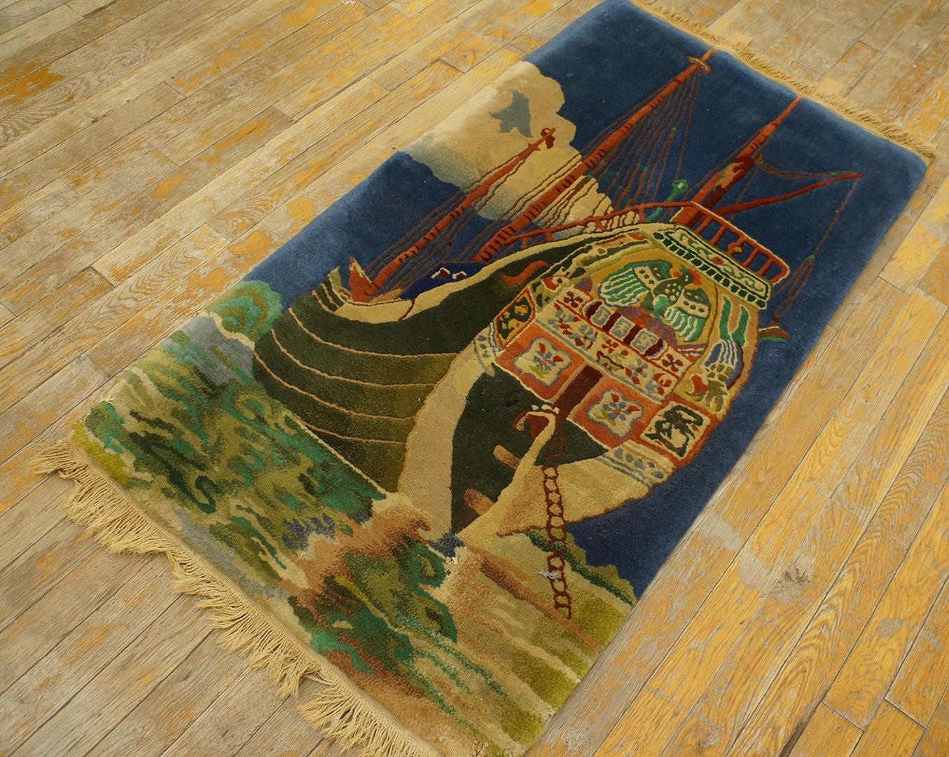 Hand-Knotted 1920s Chinese Art Deco Carpet with Nautical Theme ( 2'3'' x 4' - 68 x 120 ) For Sale