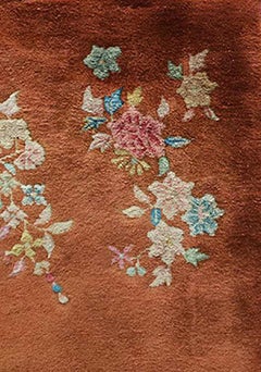 Chic Soft Color Roses on Persimmon Background Antique Chinese Art Deco Rug