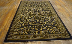 1920s Black and Gold Lotus Vine Antique Chinese Rug 6' x 9'8" Greek Key Border