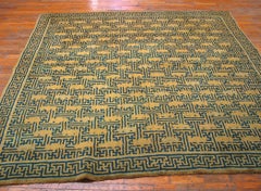 1900s Blue Gold Geometric Wan Antique Chinese Carpet 7'6"x7'10" Knotted Wool Rug