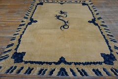 1890s Ivory Blue Tan Antique Chinese Peking Dragon Carpet 8' x 9'8" Wool Rug