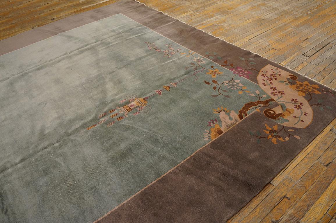 Early 20th Century Fine Aqua Background Color with Pretty Bits of Chinese Ornament Antique Art Rug For Sale