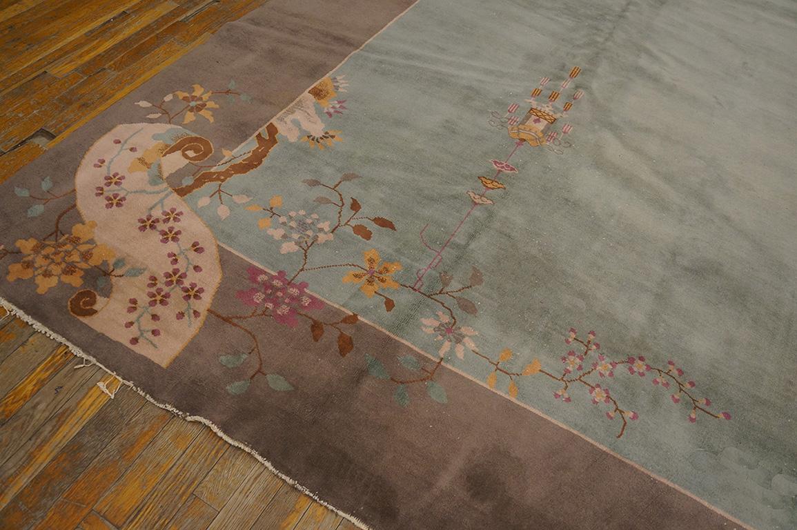 Wool Fine Aqua Background Color with Pretty Bits of Chinese Ornament Antique Art Rug For Sale