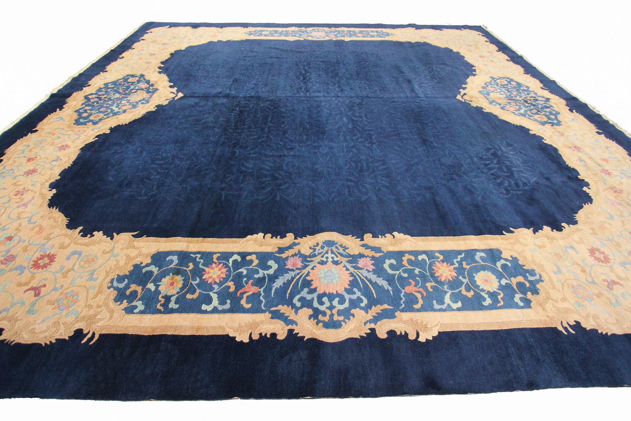 Antiker chinesischer Teppich Antiker Art-Deco-Teppich Großer chinesischer Teppich Quadratisch
 13x13,5 Fuß

 13' x 13'7