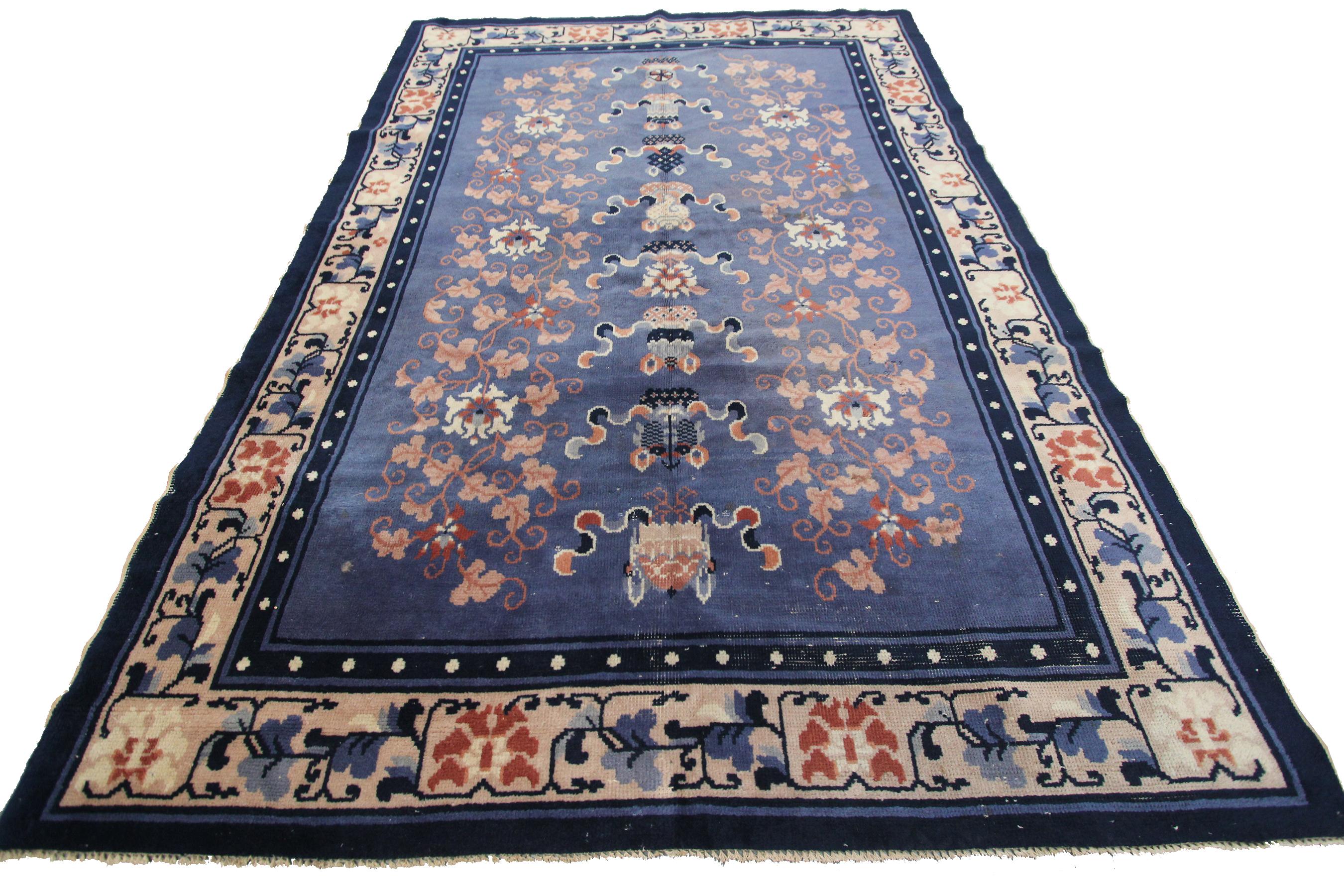 Hand-Knotted Antique Chinese Rug Antique Ningshia Rug Art Deco Rug Peking Chinese 1900 4x6 For Sale