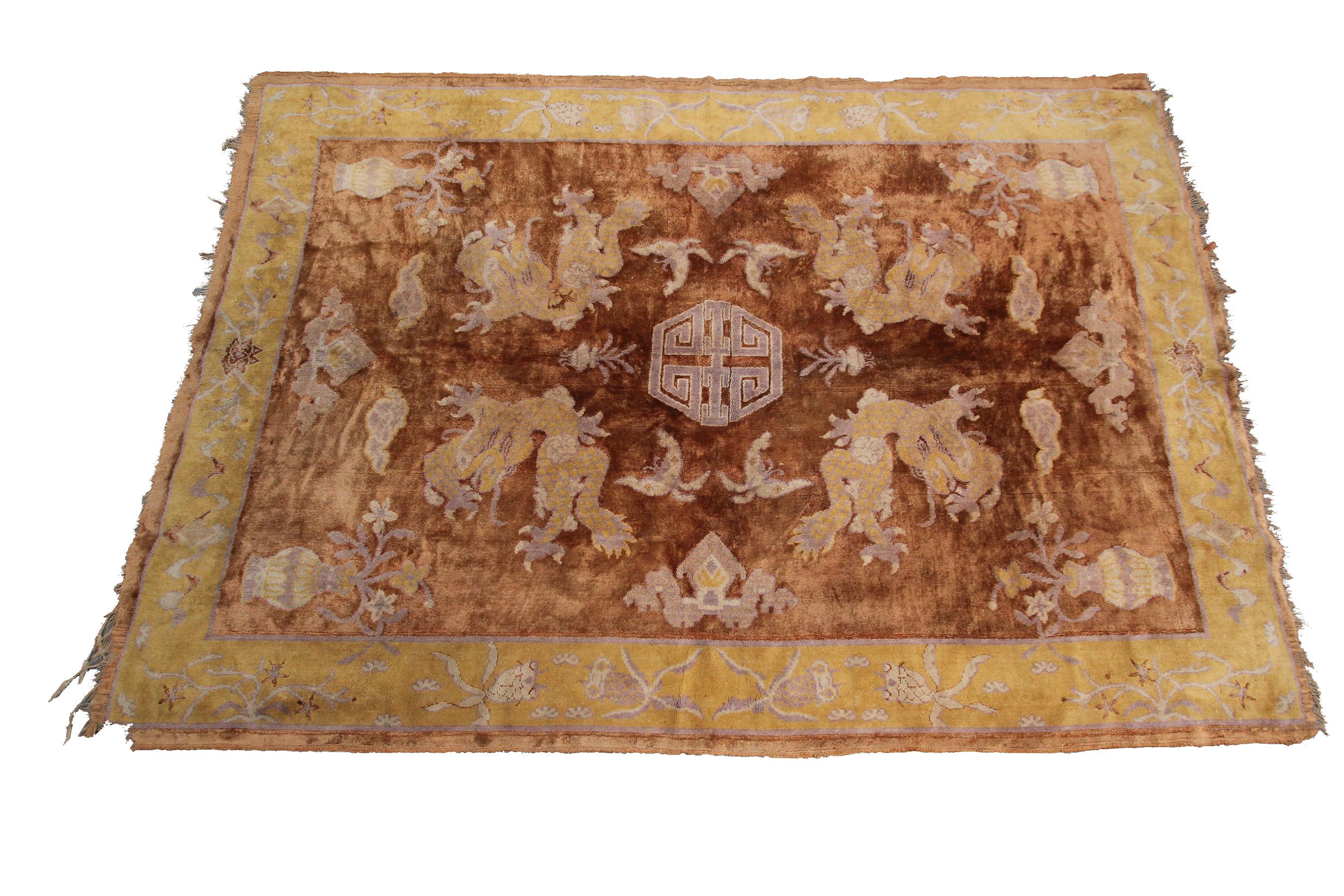 Antique Dragon rug Chinese Peking Khotan SilkTapestry Brown
4'3