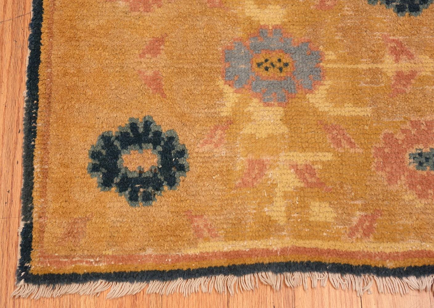 Antique Chinese rug, country of origin: China, date: circa 1800. Size: 2 ft 3 in x 3 ft 9 in (0.69 m x 1.14 m). 

This antique Chinese rug is quite the wonderful piece. This beautiful example possesses many of those qualities and characteristics