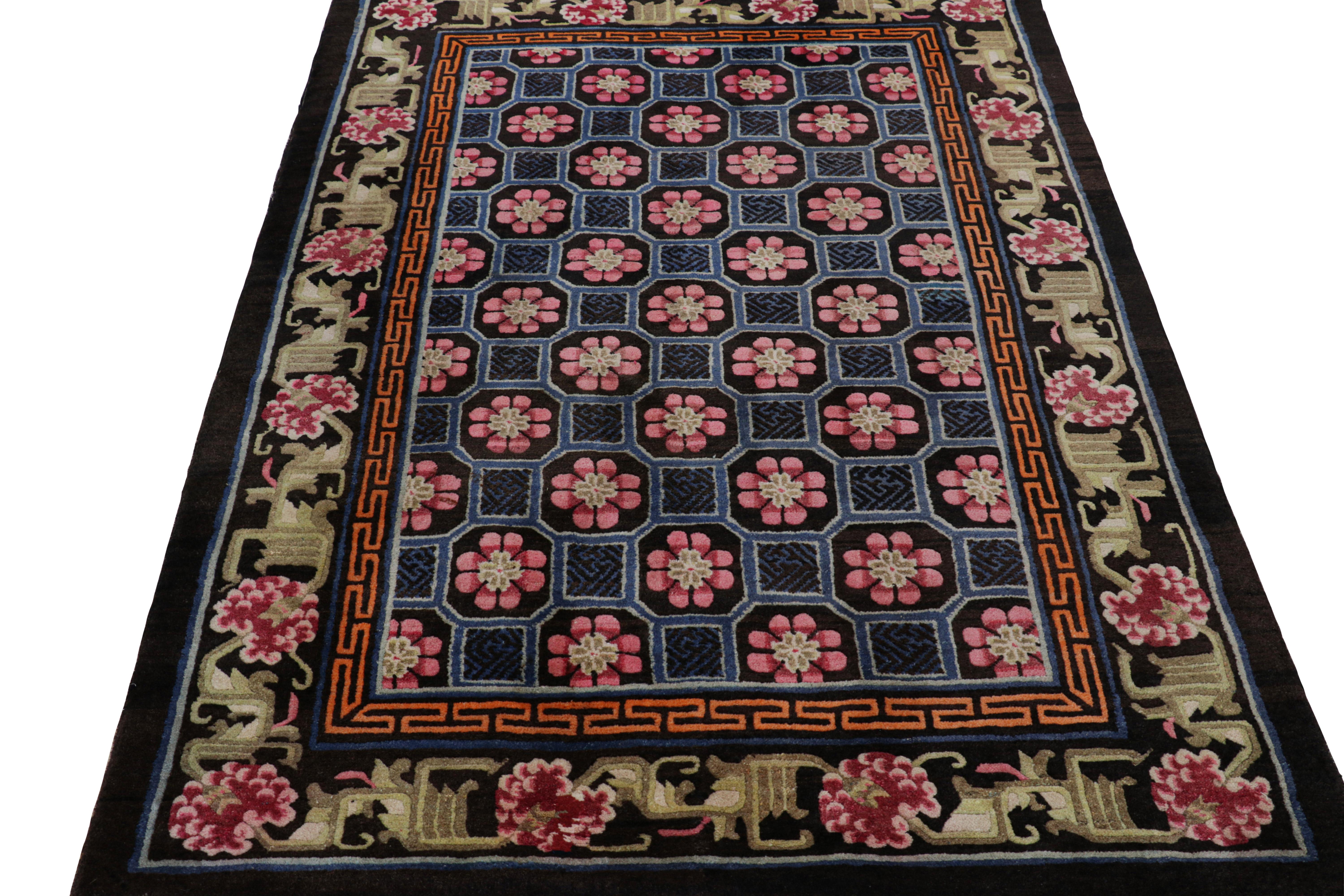 Antique Chinese Rug in Blue with Floral Medallions, from Rug & Kilim In Good Condition For Sale In Long Island City, NY