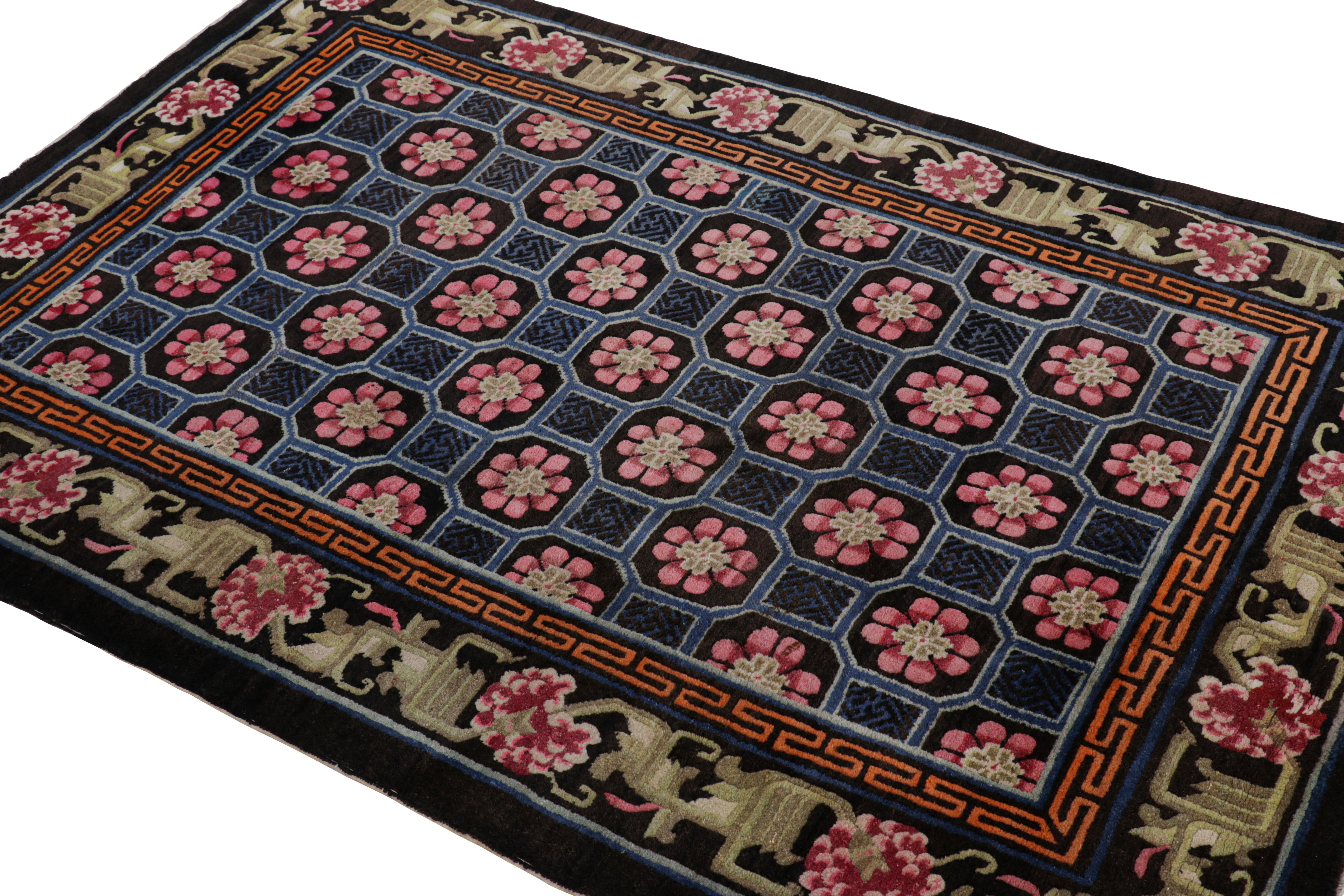Early 20th Century Antique Chinese Rug in Blue with Floral Medallions, from Rug & Kilim For Sale
