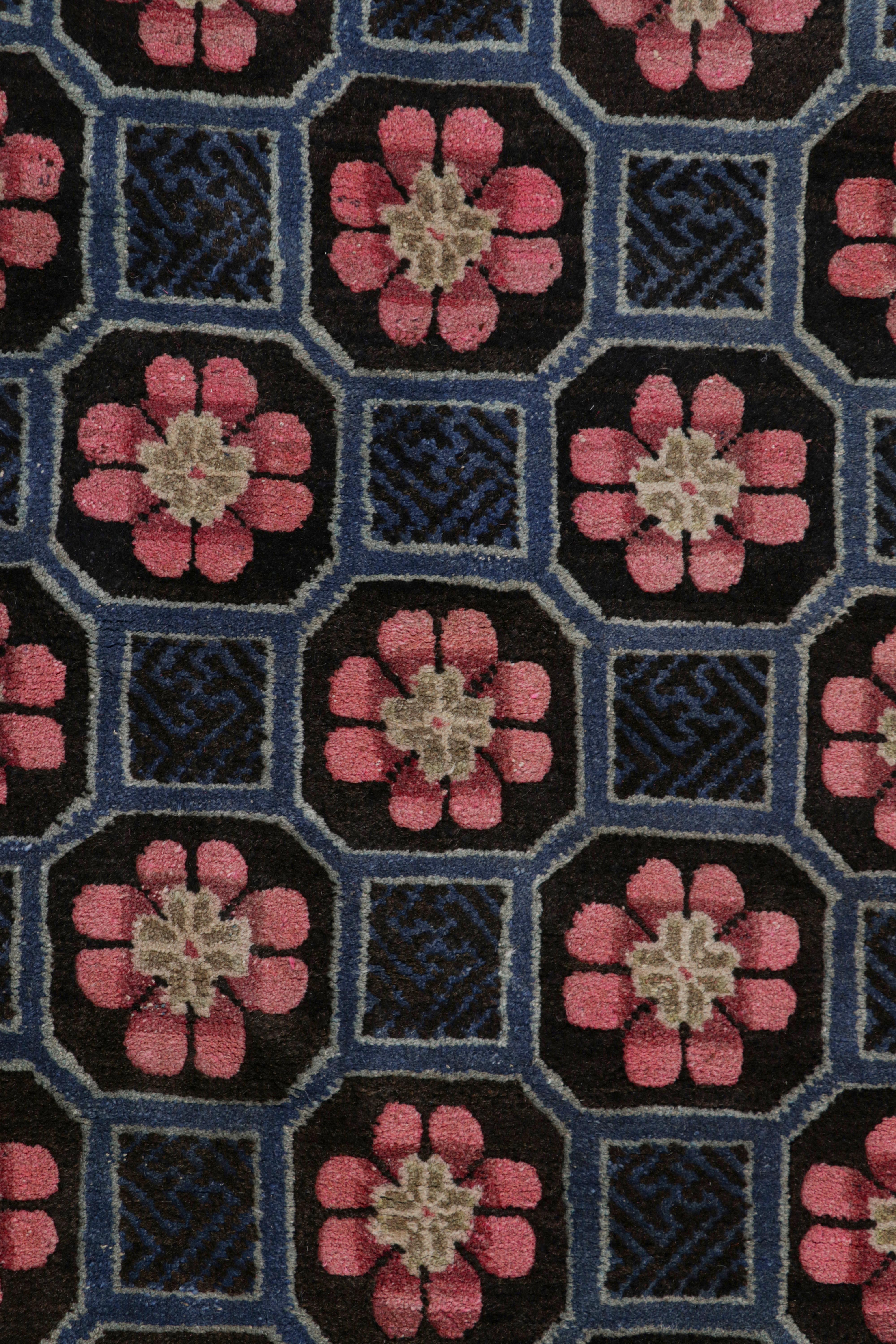Wool Antique Chinese Rug in Blue with Floral Medallions, from Rug & Kilim For Sale