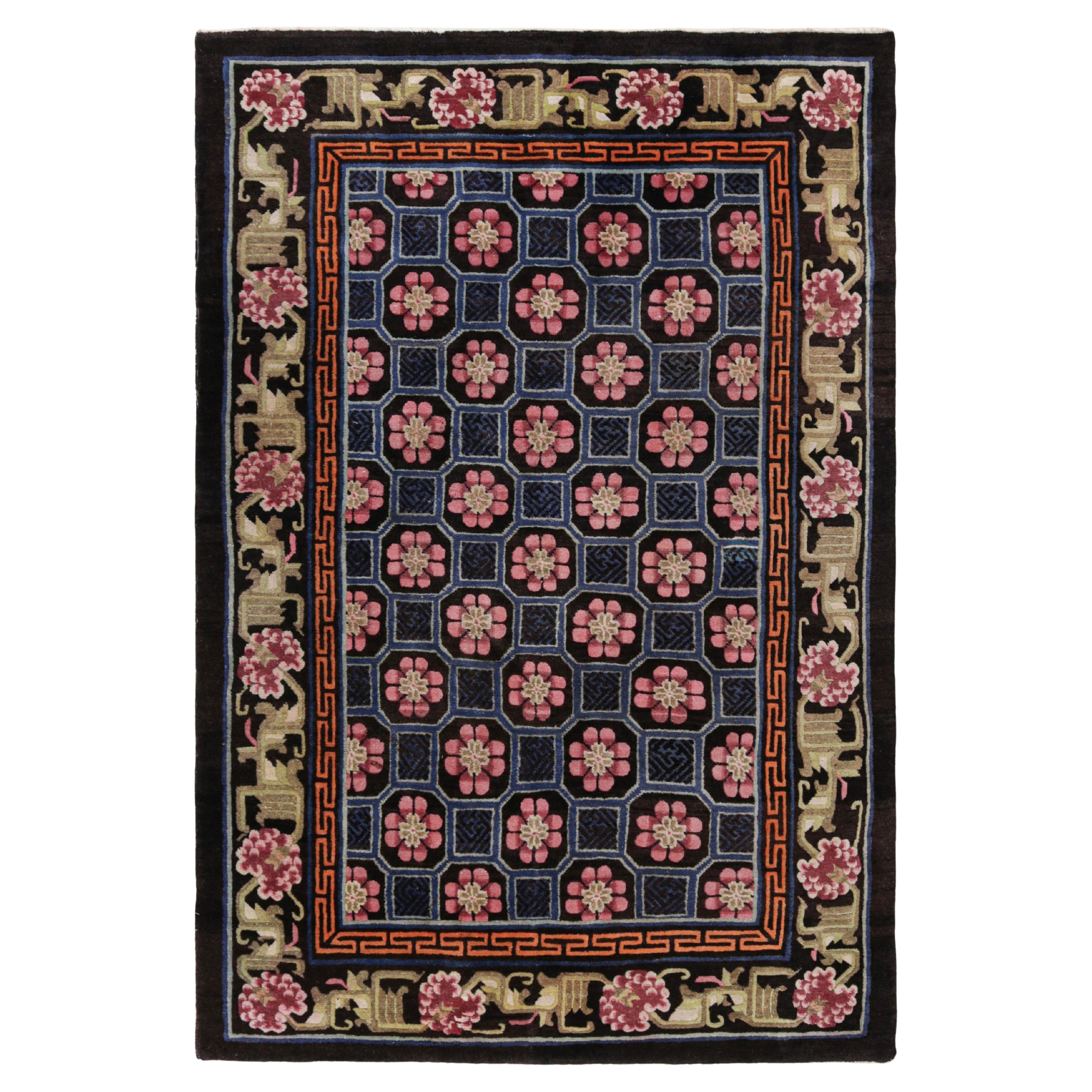 Antique Chinese Rug in Blue with Floral Medallions, from Rug & Kilim