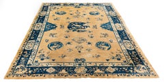 Antique Chinese Rug in Ivory and Navy with Decorative Traditional Symbols