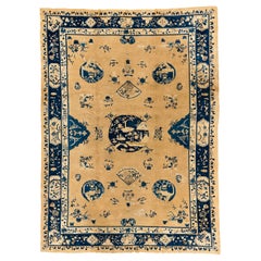 Antique Chinese Rug in Ivory and Navy with Decorative Traditional Symbols