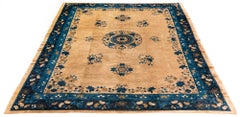 Antique Chinese Rug of Classic Floral Design in Ivory Field and Blue Border