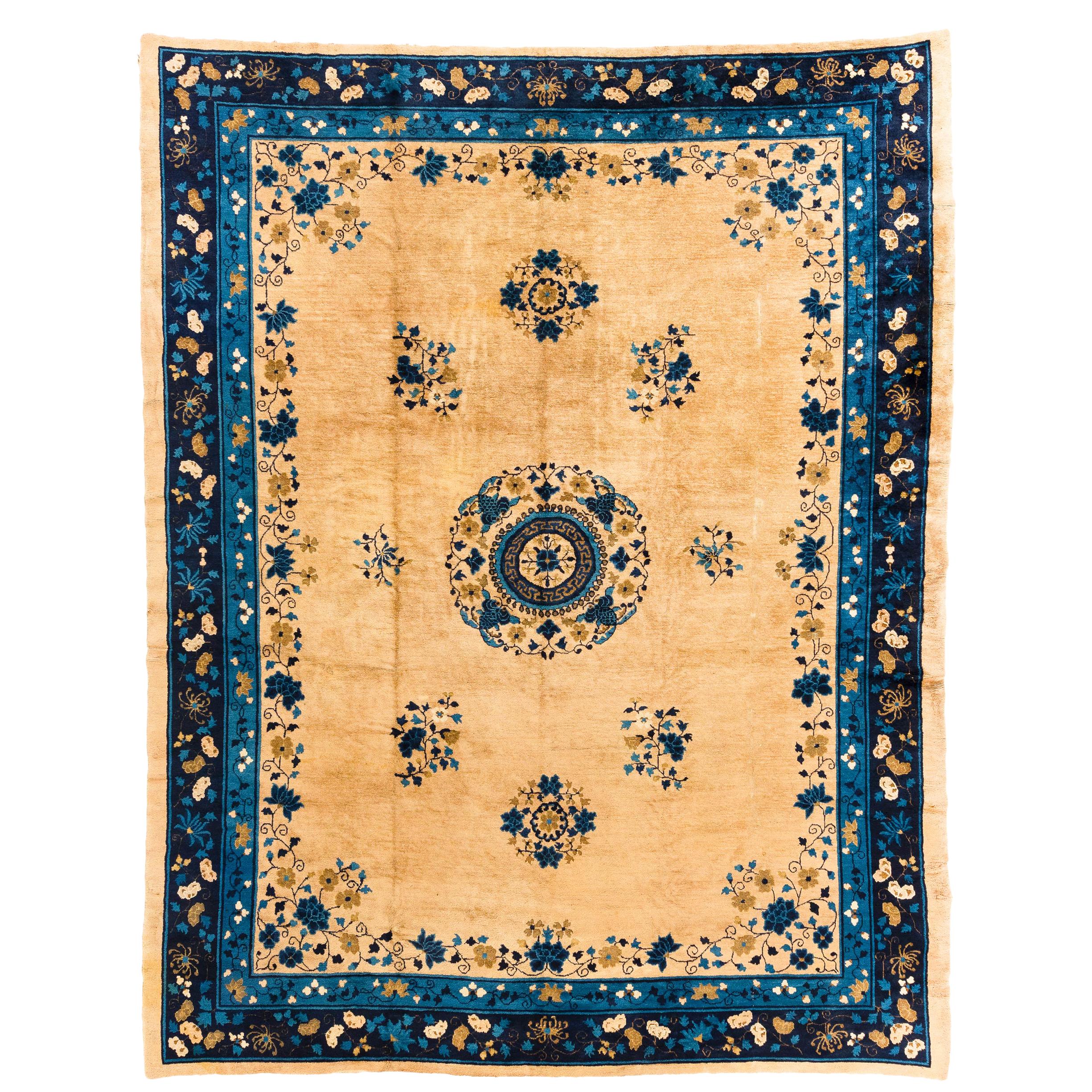 Antique Chinese Rug of Classic Floral Design in Ivory Field and Blue Border For Sale
