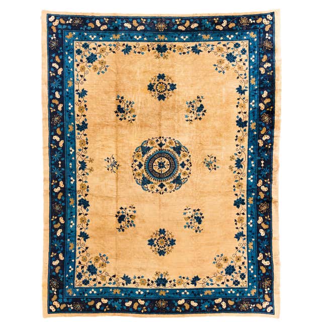Antique Chinese Rug of Classic Floral Design in Ivory Field and Blue ...