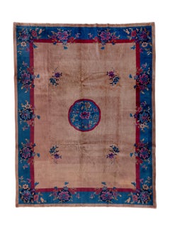 Antique Chinese Rug with Beige Field and a Round Center Floral Medallion