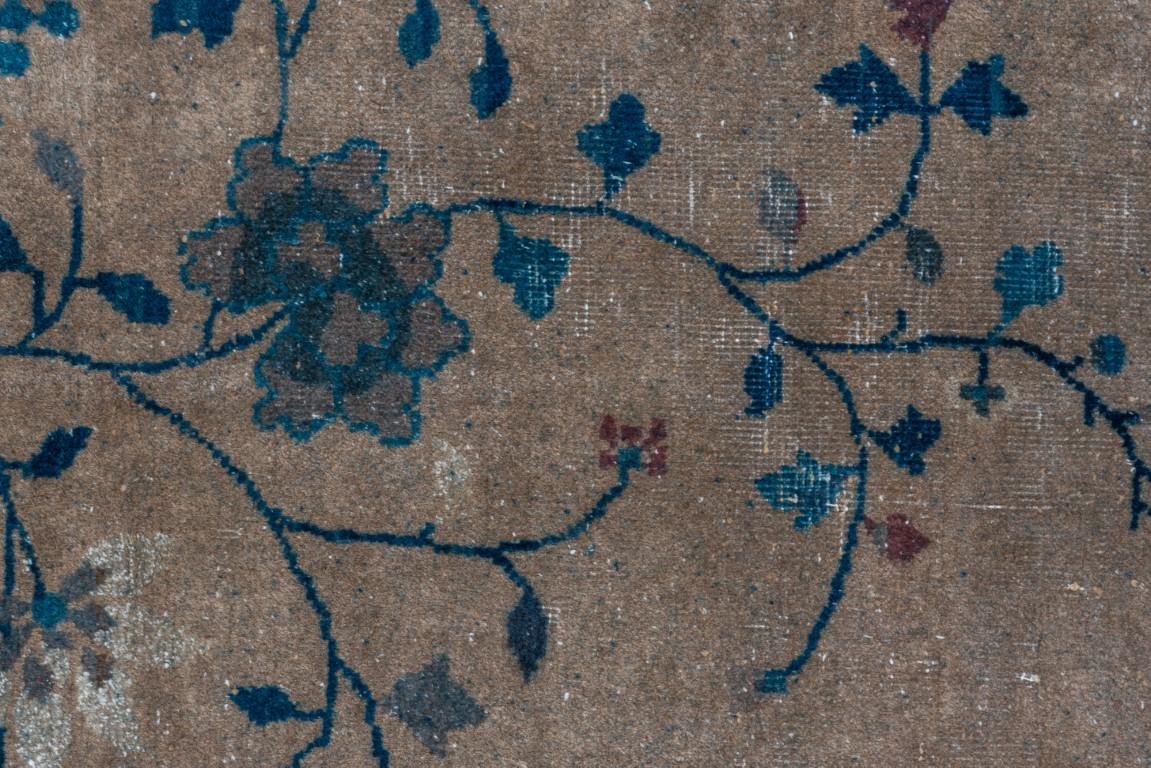 Antique Chinese Rug with Blue Border and Blue Flowers, Circa 1920's In Good Condition For Sale In New York, NY