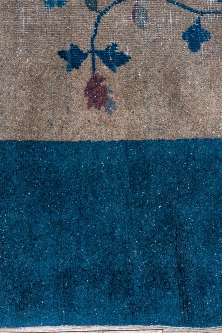 Wool Antique Chinese Rug with Blue Border and Blue Flowers, Circa 1920's For Sale