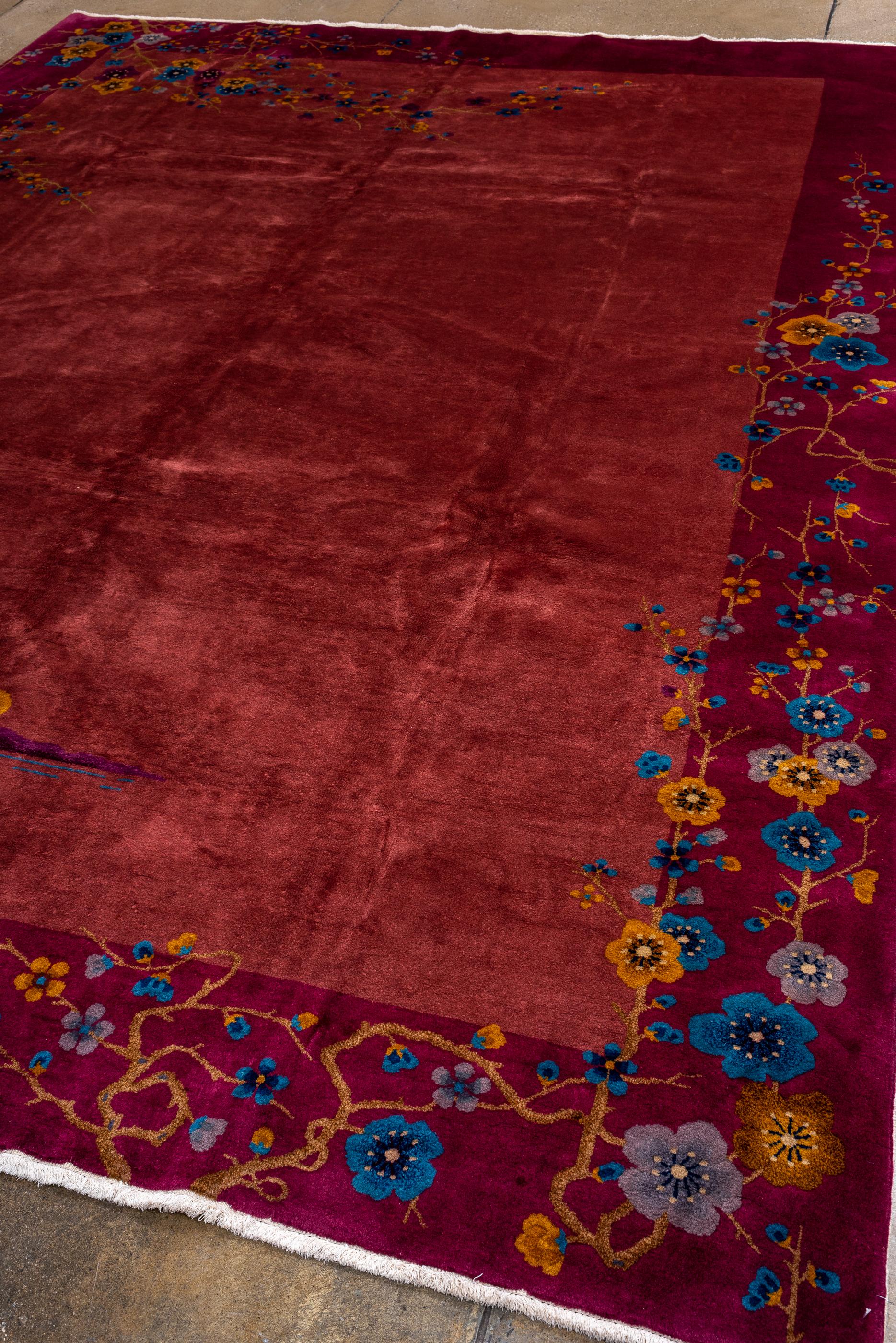 Hand-Knotted Antique Chinese Rug with Dark Red Field and Colorful Design, Circa 1930's For Sale