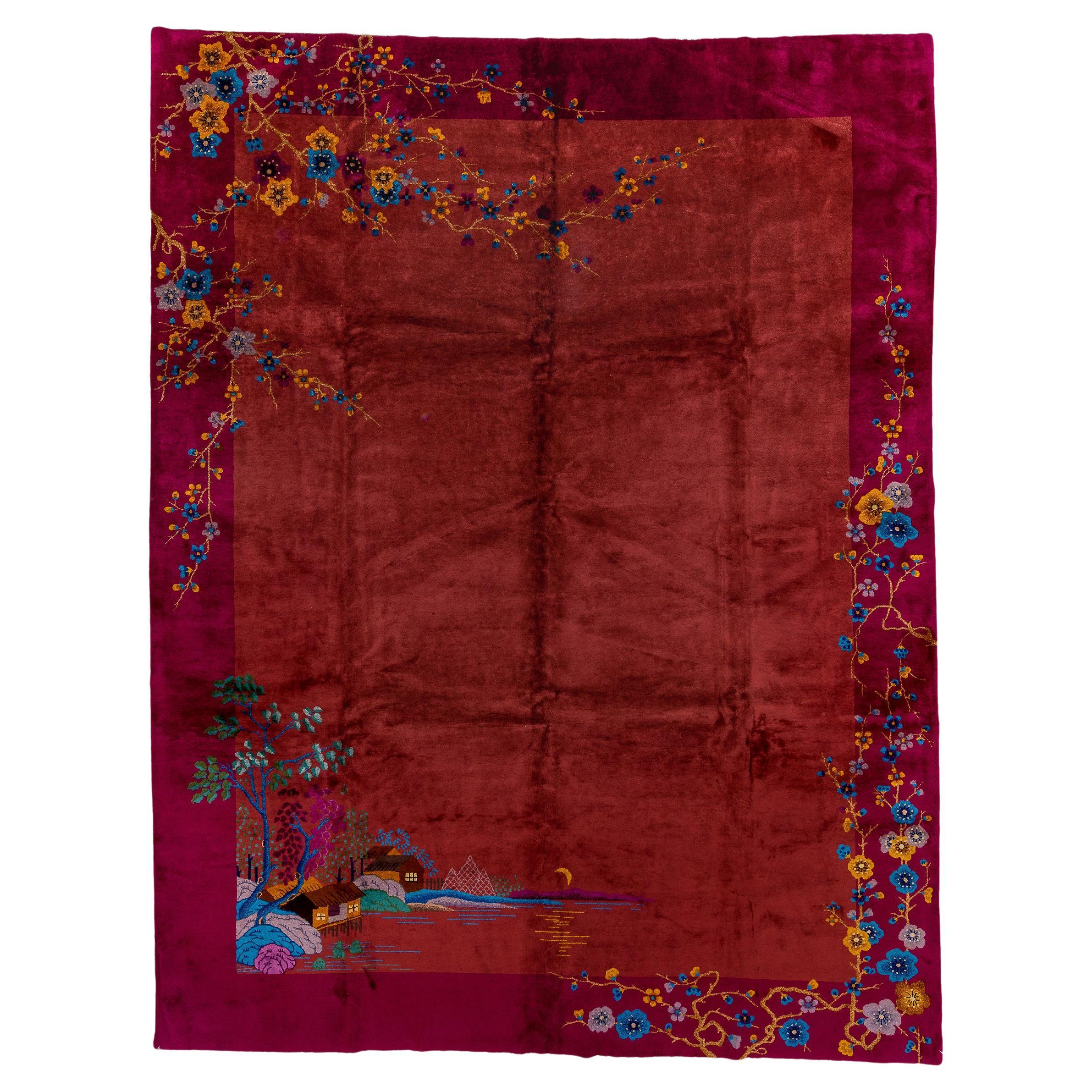 Antique Chinese Rug with Dark Red Field and Colorful Design, Circa 1930's For Sale