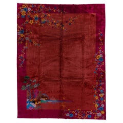 Retro Chinese Rug with Dark Red Field and Colorful Design, Circa 1930's