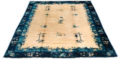 Antique Chinese Rug with Decorative Images of Vases and Florals on Ivory