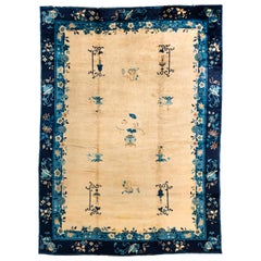 Antique Chinese Rug with Decorative Images of Vases and Florals on Ivory