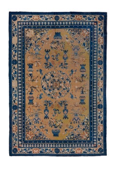 Antique Chinese Rug with Gold Field and Floral Medallion