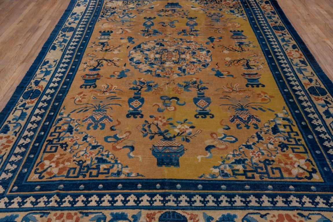 Hand-Knotted Antique Chinese Rug with Gold Field and Floral Medallion  For Sale