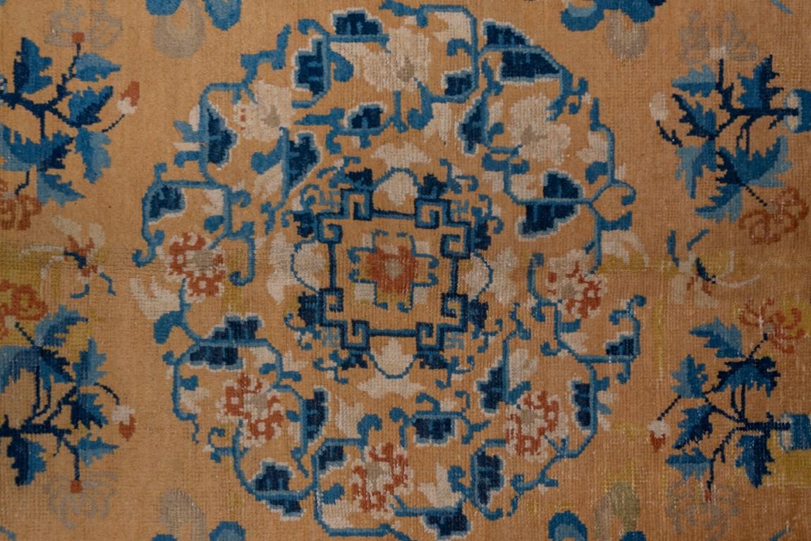 Antique Chinese Rug with Gold Field and Floral Medallion  In Good Condition For Sale In New York, NY