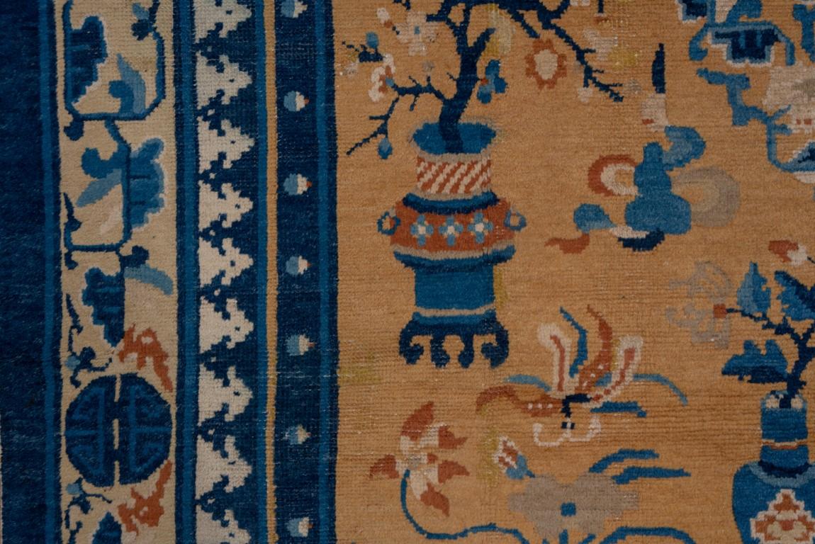 Wool Antique Chinese Rug with Gold Field and Floral Medallion For Sale